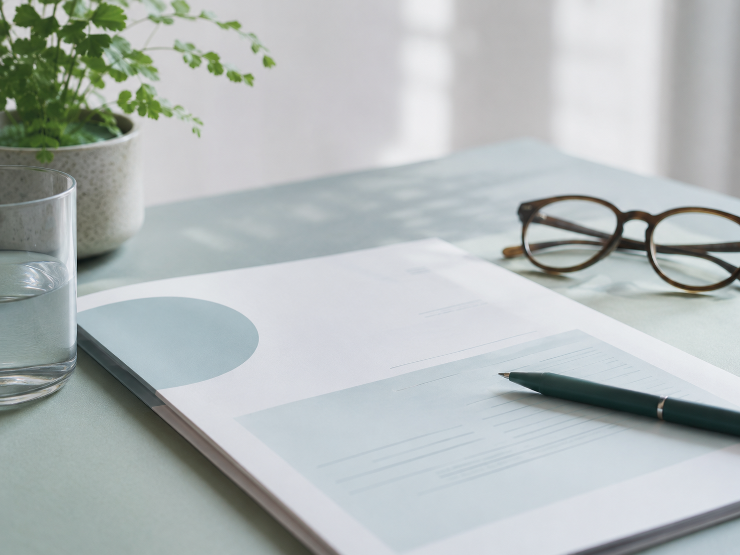 Clean desk with a document, pen and glasses