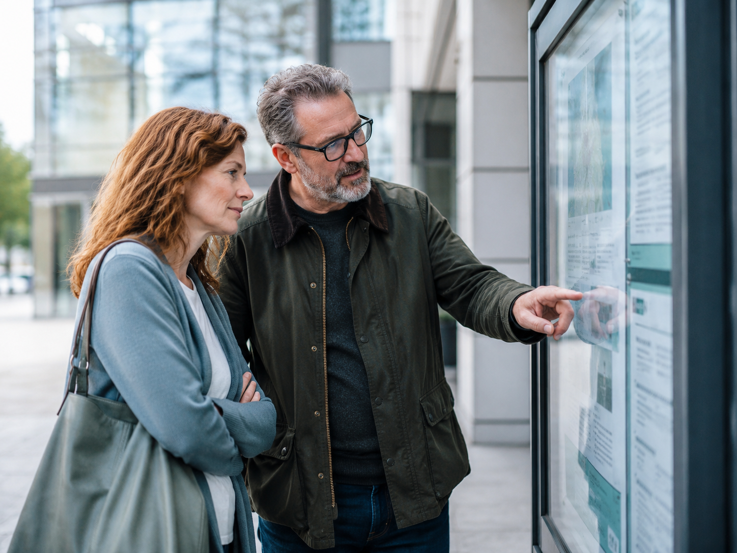 Two people reading a public notice board